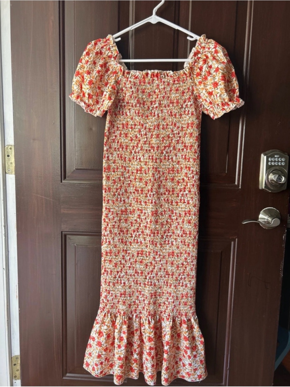Smocked Maxi Dress with Puff Sleeves in Orange and Cream Floral